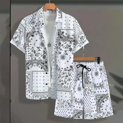 2024 Ny herrsommarkostym Retro texturerad tryckt kantskjorta Kortärmade shorts Tvådelad herr andningsbar pooldräkt