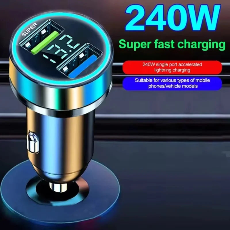 240W Billaddare Snabbladdning 2 USB-portar Adapter för iPhone Samsung Xiaomi Snabbladdningsladdare med Digital Display