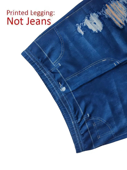 Moderiktiga skinny byxor med konstjeanstryck för kvinnor, högelastiska sömlösa leggings med fuskfickor, sportleggings i hellång längd
