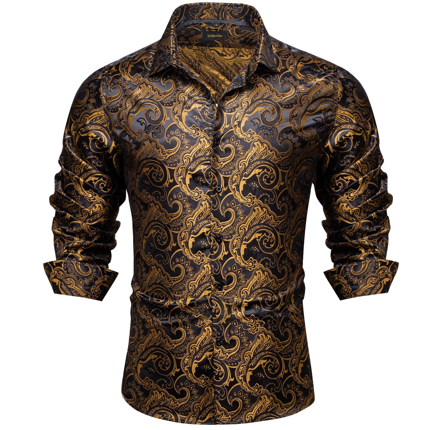 2026 Lyxig Herrskjorta Formell Bal Smoking Långärmad Siden Polyester Gyllene Färg Paisley Svarta Skjortor Blus Herrkläder