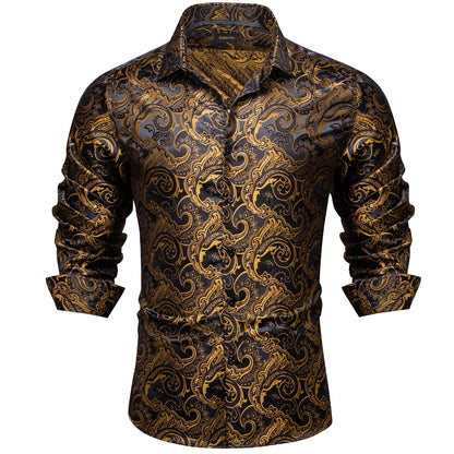 2026 Lyxig Herrskjorta Formell Bal Smoking Långärmad Siden Polyester Gyllene Färg Paisley Svarta Skjortor Blus Herrkläder