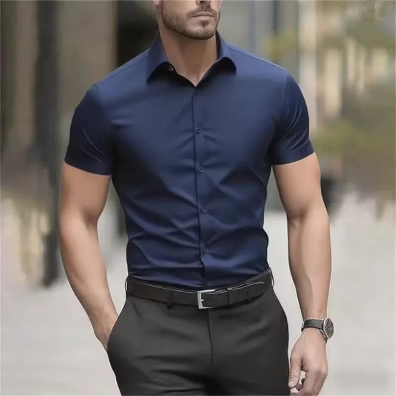 Herr Sommarskjorta för Business Kortärmad Stretchtyg Svart Utan Fickor Slim Fit Herrskjorta i Social Stil Hög Kvalitet 5XL