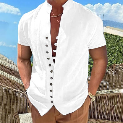 Sommar Kortärmade Skjortor För Herr Vita Formella Skjortor Sociala Kläder Casual Bomull Linne Toppar Strandblusar Herrkläder