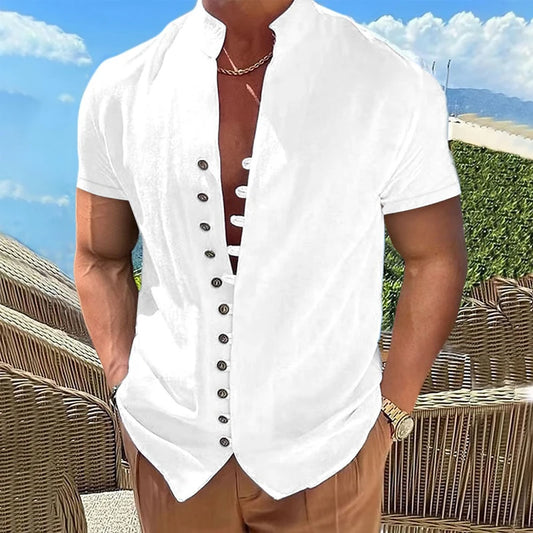 Sommar Kortärmade Skjortor För Herr Vita Formella Skjortor Sociala Kläder Casual Bomull Linne Toppar Strandblusar Herrkläder
