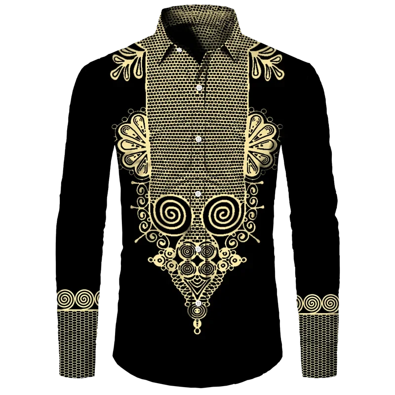 Afrikanskt Dashiki-tryck Herrskjortor med nedfällbar krage och knappar Långärmade Toppar Kläder Etnisk Stil Streetwear Kläder Skjorta