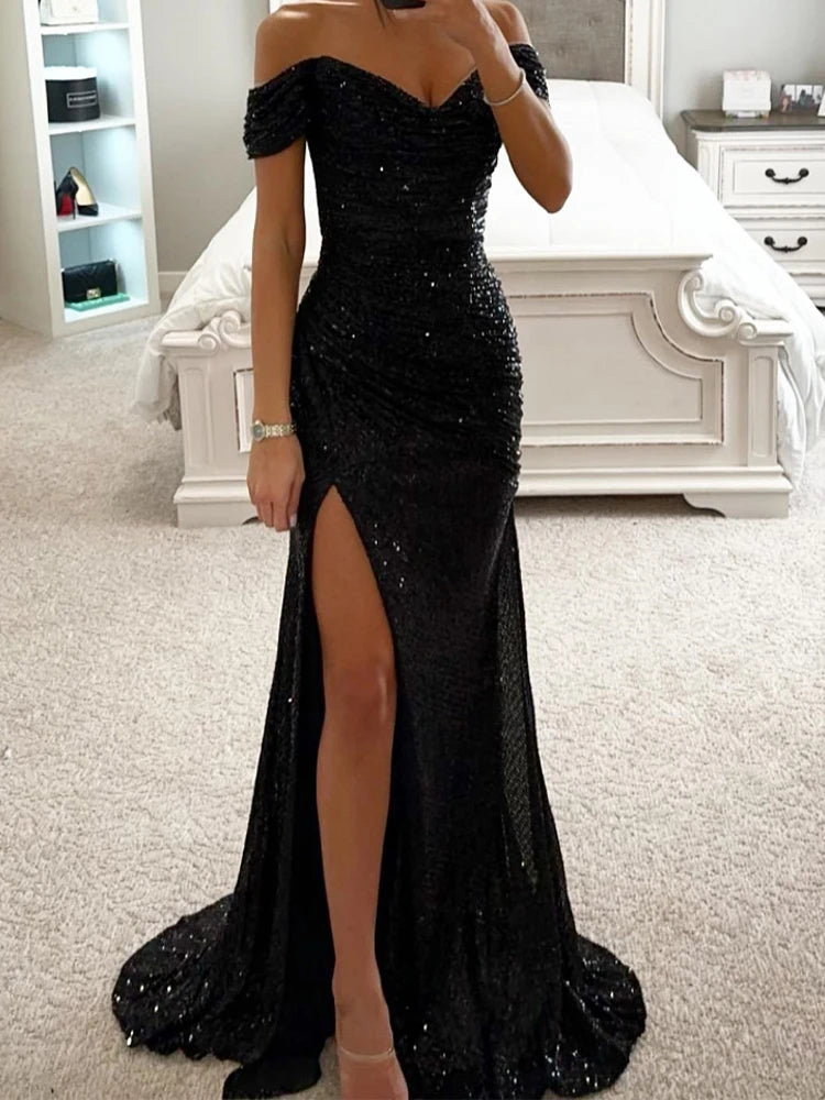 Paljett Långa Klänningar Dam Sexig Off Shoulder Aftonklänning Dam Elegant Mode Slash Neck Balklänning Kvinna Hög Split Klänning Vestidos