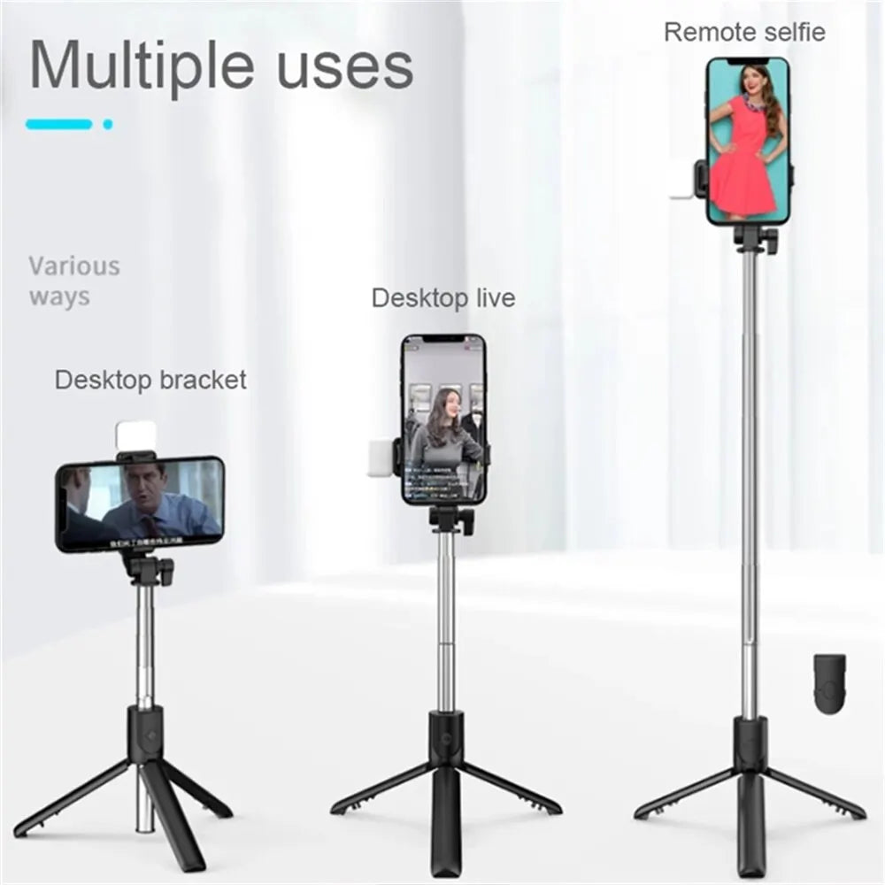 Bärbar Bluetooth Selfie Stick Tripodhållare med fjärrkontroll, fyllnadsljus, utdragbar trådlös fjärrkontroll, infällbar telefonstativ