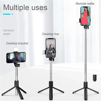Bärbar Bluetooth Selfie Stick Tripodhållare med fjärrkontroll, fyllnadsljus, utdragbar trådlös fjärrkontroll, infällbar telefonstativ