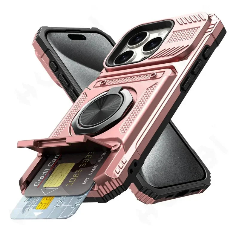 Militärkvalitetsskal för iPhone 11 13 14 15 16 Pro Max Magnetiskt roterande ringstativ Robust fallskyddande plånboksfodral