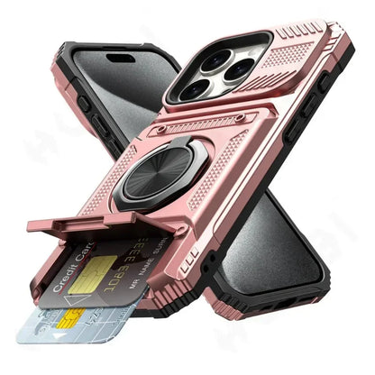 Militärkvalitetsskal för iPhone 11 13 14 15 16 Pro Max Magnetiskt roterande ringstativ Robust fallskyddande plånboksfodral