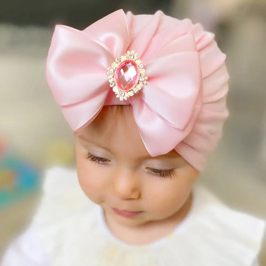 Enfärgad Baby Turban Rosett Bling Strass Spädbarnsmössor Flicka Mössa Mode Handgjord Band Rosett Indisk Mössa Mjuk Huva 0-2År