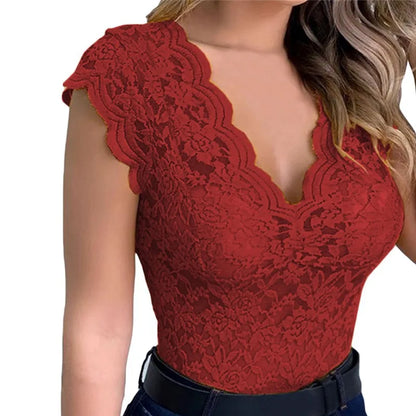 Sexig djup V-ringad ärmlös spetsblus Skjortor Sommarmode Dam Spets Patchwork Pullover Toppar XCDZ-540738