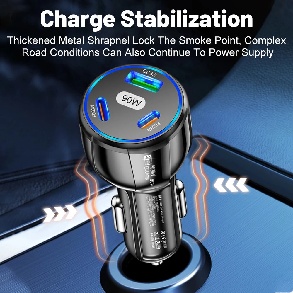90W USB-billaddare 3-4 portar PD typ C snabbladdningsadapter för iPhone 14 13 Xiaomi Samsung snabbladdare i bilen