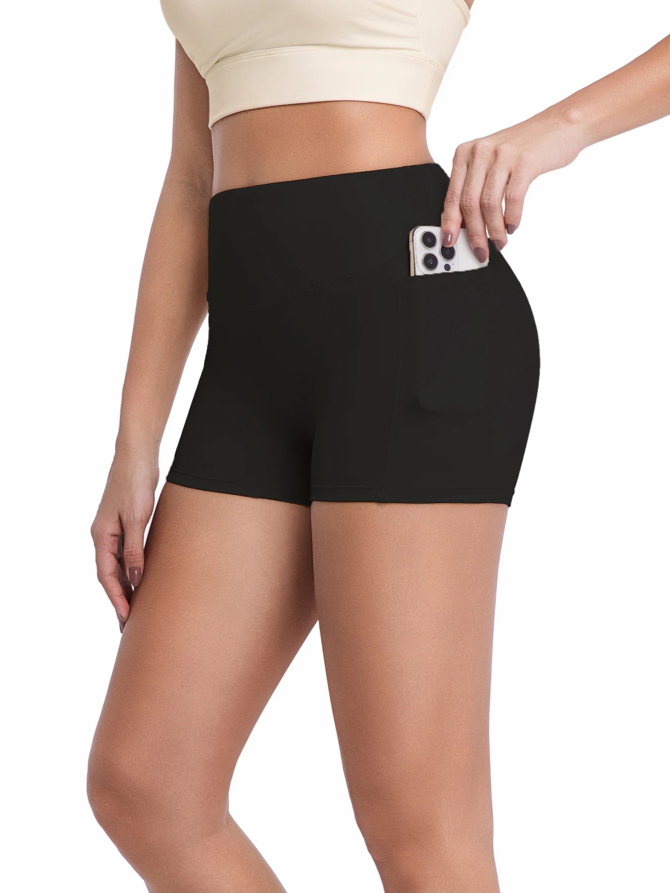 Yogashorts med hög midja och fickor för kvinnor, 7,5 cm mjuka biker-shorts med naken känsla, magkontroll och rumplyftande träning