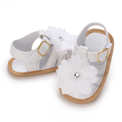 Babysko för lärande, sommarsandaler med blommig strass, mjuka och eleganta skor för spädbarnsflickor 0-18M
