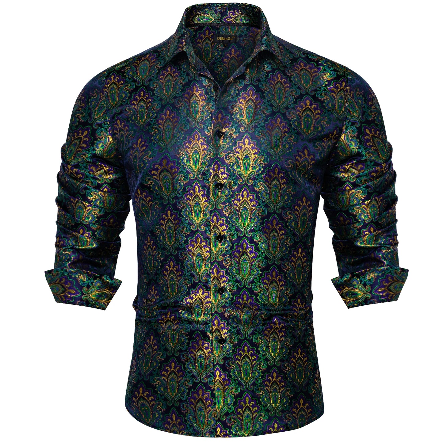 2026 Lyxig Herrskjorta Formell Bal Smoking Långärmad Siden Polyester Gyllene Färg Paisley Svarta Skjortor Blus Herrkläder