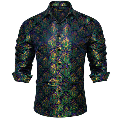 2026 Lyxig Herrskjorta Formell Bal Smoking Långärmad Siden Polyester Gyllene Färg Paisley Svarta Skjortor Blus Herrkläder