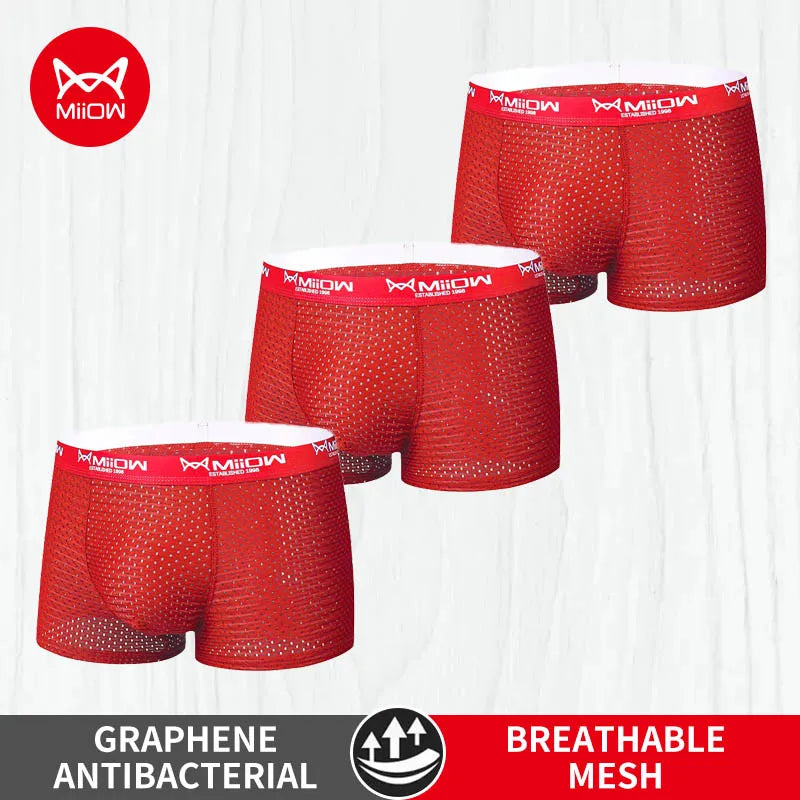 MiiOW 3 st. issilkesunderkläder för män, boxershorts, sexiga, nät, andningsbara, antibakteriella, herrkalsonger, L-4XL, herrboxershorts