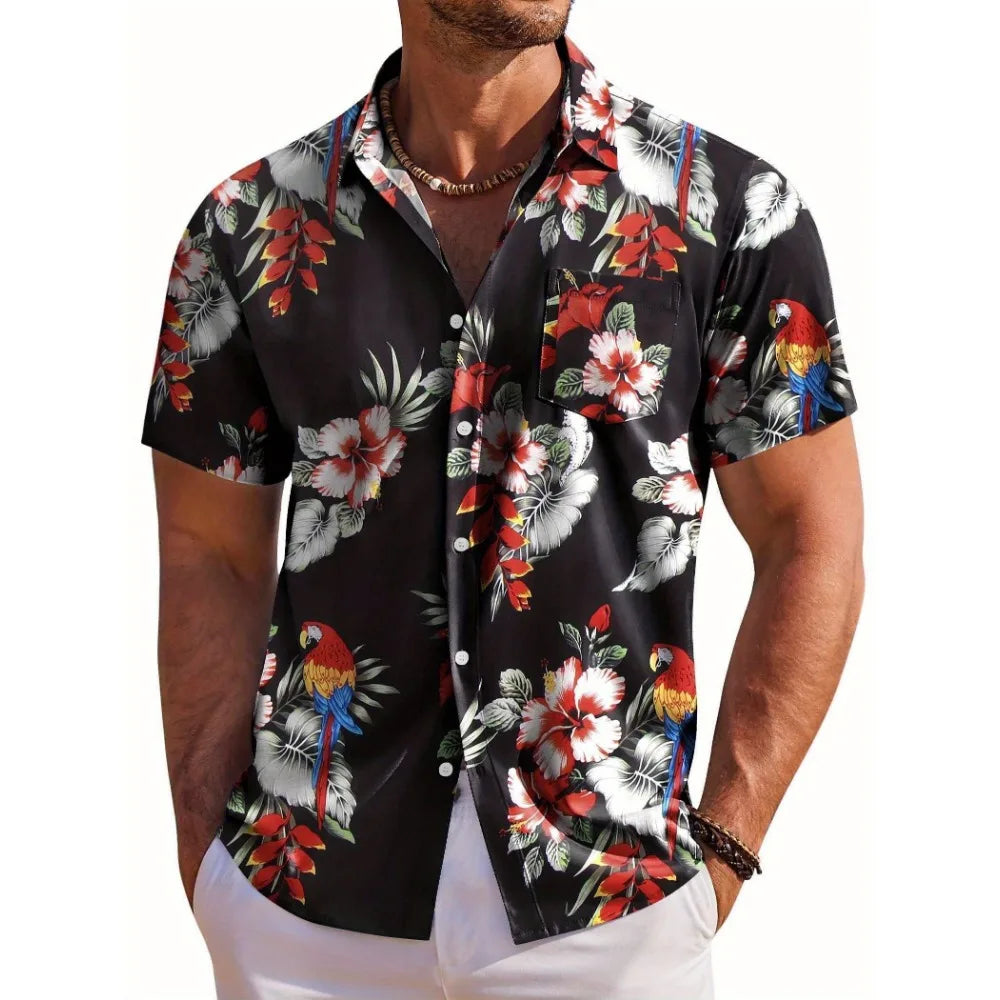Herrskjorta med kort ärm, Hawaiiskjorta med botaniskt blommönster, slag, strandskjorta, topp, casual, moderiktiga skjortor