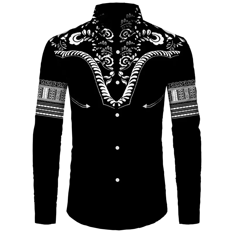 Afrikanskt Dashiki-tryck Herrskjortor med nedfällbar krage och knappar Långärmade Toppar Kläder Etnisk Stil Streetwear Kläder Skjorta