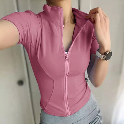 Casual Slim Sportjacka För Damer Kortärmad Enfärgad Dragkedja Toppar Dam Cykling Löpning Yoga Outfit Kläder Sommar Sportjacka