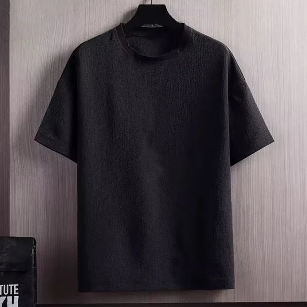 Ny herr casual t-shirt med rynkor, sommar, halvärmad, lös mode-t-shirt, enfärgad, snygg, kortärmad