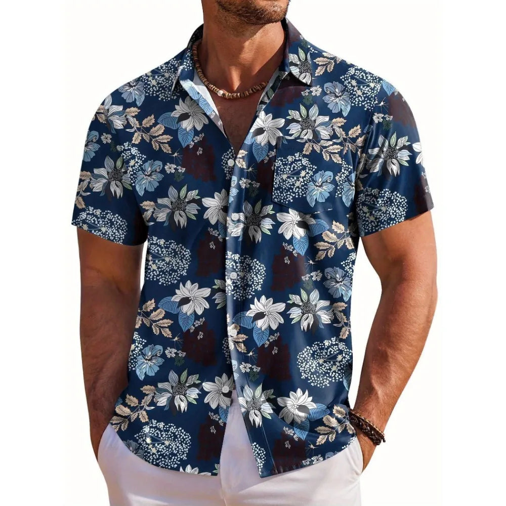 Herrskjorta med kort ärm, Hawaiiskjorta med botaniskt blommönster, slag, strandskjorta, topp, casual, moderiktiga skjortor