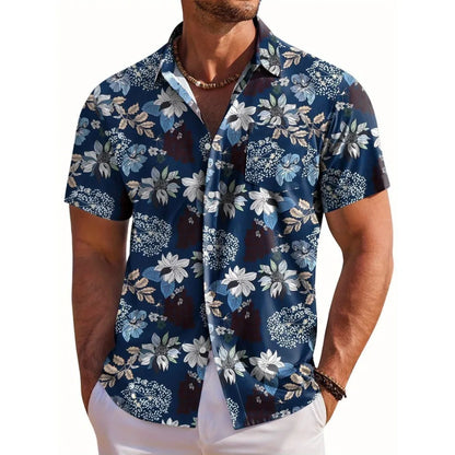 Herrskjorta med kort ärm, Hawaiiskjorta med botaniskt blommönster, slag, strandskjorta, topp, casual, moderiktiga skjortor