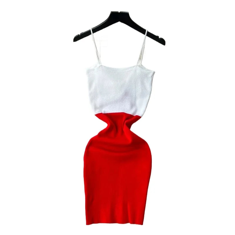 Dam Röd Vit Färgblock Spaghettiband V-ringad Twist Solklänning Stretchig Ribbad Stickad Bodycon Miniklänning Sommarfestklänning