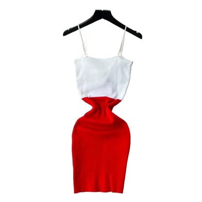 Dam Röd Vit Färgblock Spaghettiband V-ringad Twist Solklänning Stretchig Ribbad Stickad Bodycon Miniklänning Sommarfestklänning