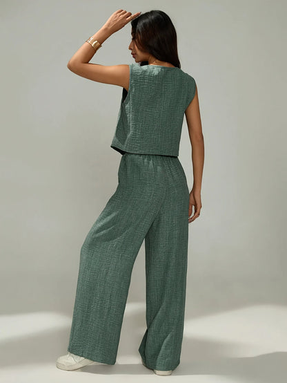 Dammode i två delar, ärmlös topp med långa byxor, snygg och avslappnad outfit för kvinnor