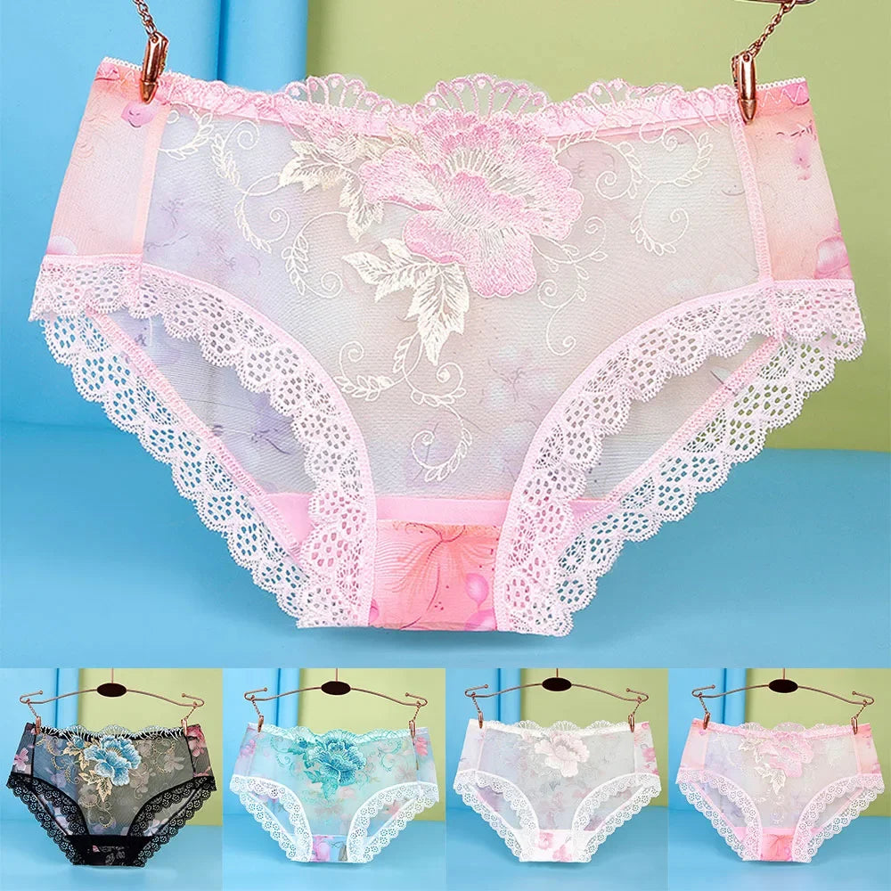Sexiga spetsunderkläder för kvinnor, stora storlekar, sömlösa blombroderier, hudvänliga, genomskinliga trosor, andningsbara trosor