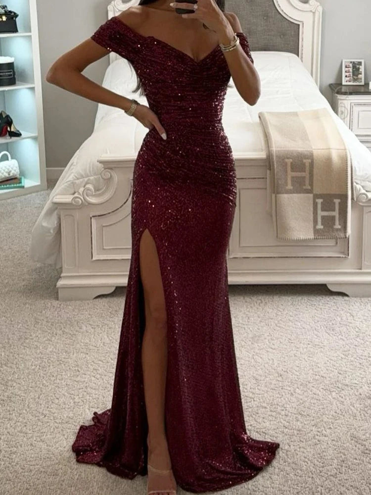 Paljett Långa Klänningar Dam Sexig Off Shoulder Aftonklänning Dam Elegant Mode Slash Neck Balklänning Kvinna Hög Split Klänning Vestidos
