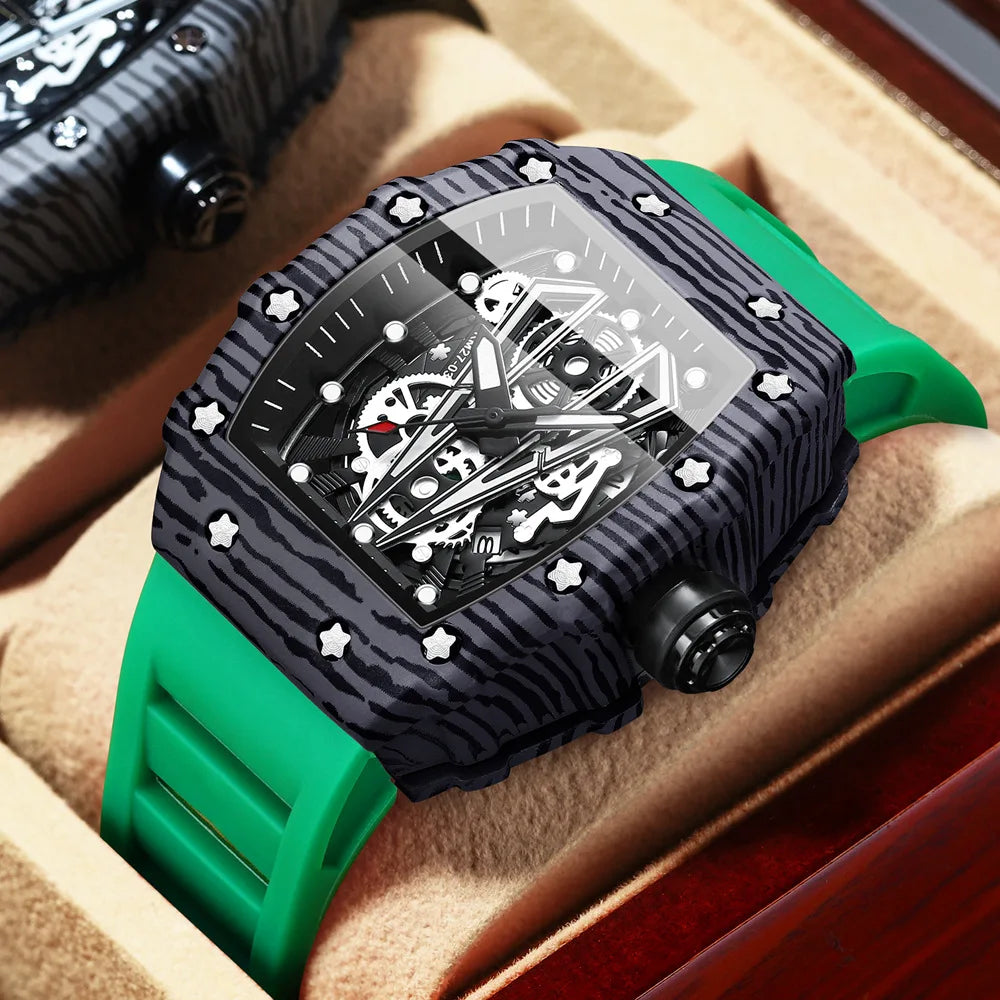 BINBOND Märke Herrklocka Domineering Barrel Watch Böjd Spegel Ihålig Yta Sport Herrklocka Silikon Quartz Armbandsur B8577