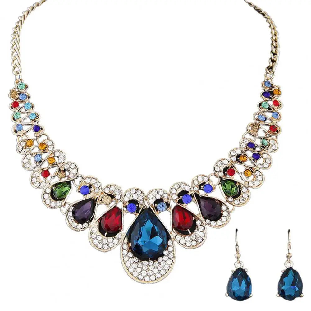 2 st/set överdrivna ädla halsband örhängen flerfärgade vattendroppe konstgjorda ädelstenar hänge halsband örhängen smycken tillbehör