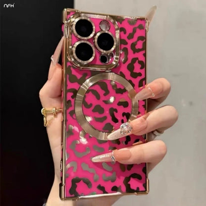 Lyxigt guldskal med leopardmönster och stötskydd för iPhone MagSafe Magnetic 13, 14, 15, 16 Pro Max, Plus, 17 och Air – skyddsfodral