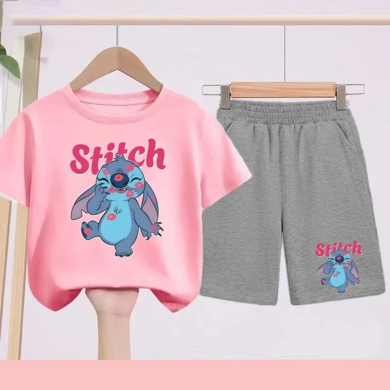 Disney Casual Children's Fashion Set T-shirt+ Shorts 2 Piece Stitch  Print  Boys Girls 3-12 Years Sports Coat Trend Party Sets