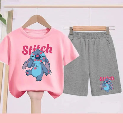 Disney Casual Children's Fashion Set T-shirt+ Shorts 2 Piece Stitch  Print  Boys Girls 3-12 Years Sports Coat Trend Party Sets