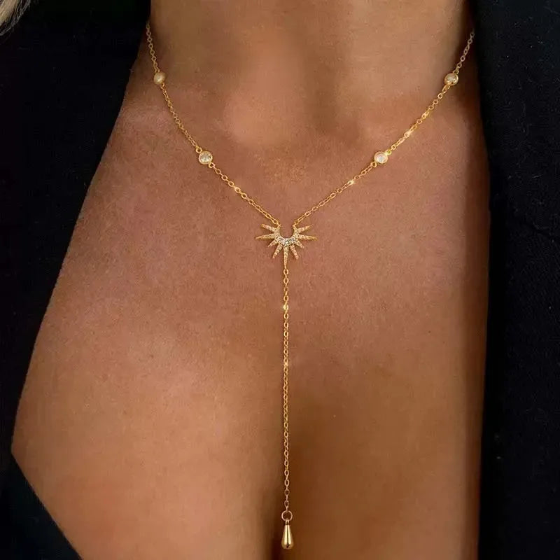 Rostfritt stål Y-format hängehalsband för kvinnor och flickor elegant mode kubisk zirkonia lång tofs dingel choker smycken gåvor
