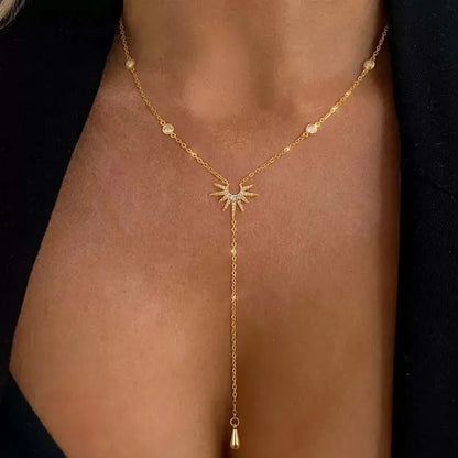 Rostfritt stål Y-format hängehalsband för kvinnor och flickor elegant mode kubisk zirkonia lång tofs dingel choker smycken gåvor