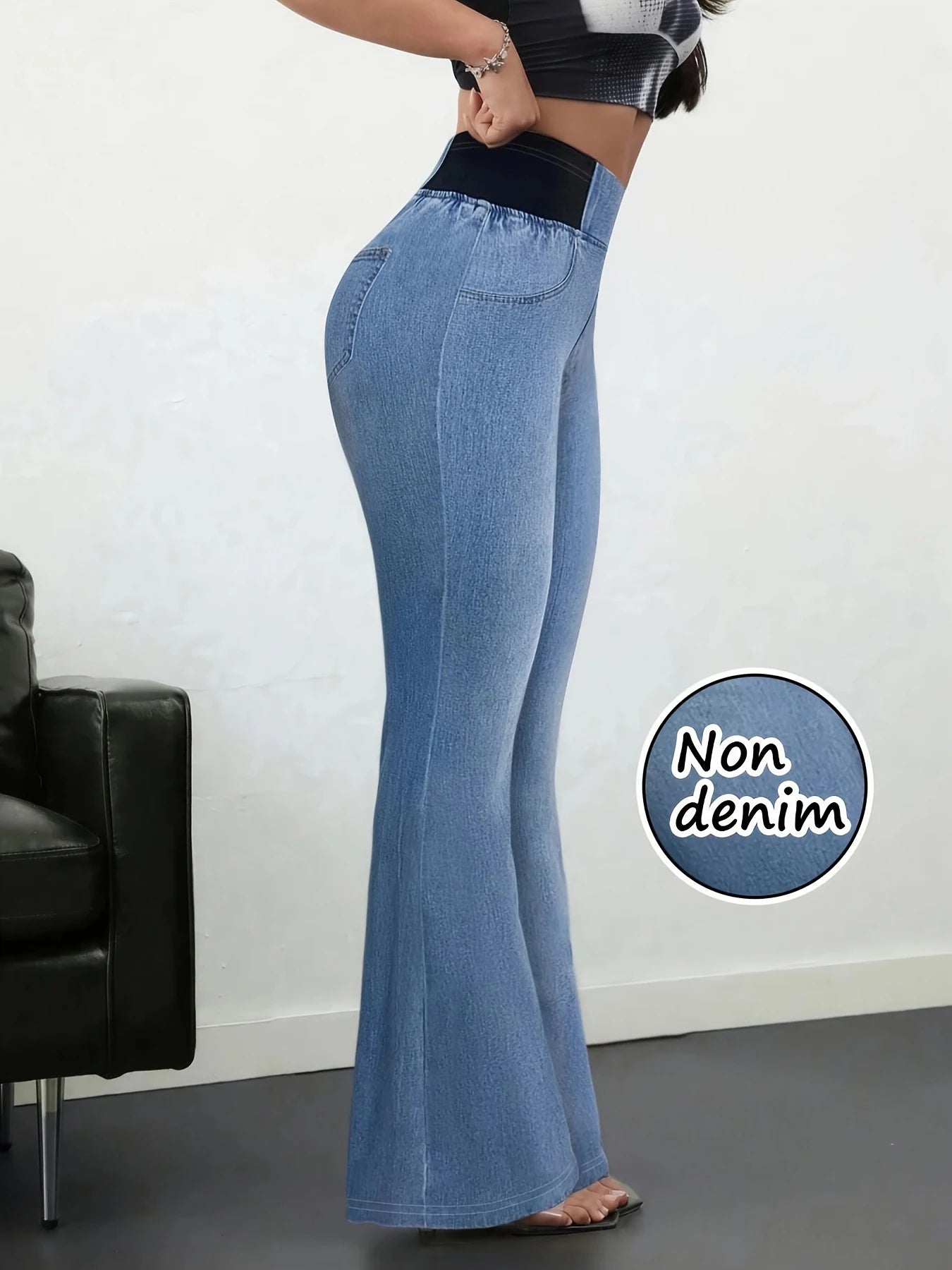 Sommarleggings Denimmönster Utsvängda byxor Yoga Långbyxor Fukttransporterande Mjuka Andningsbara Mode Streetwear