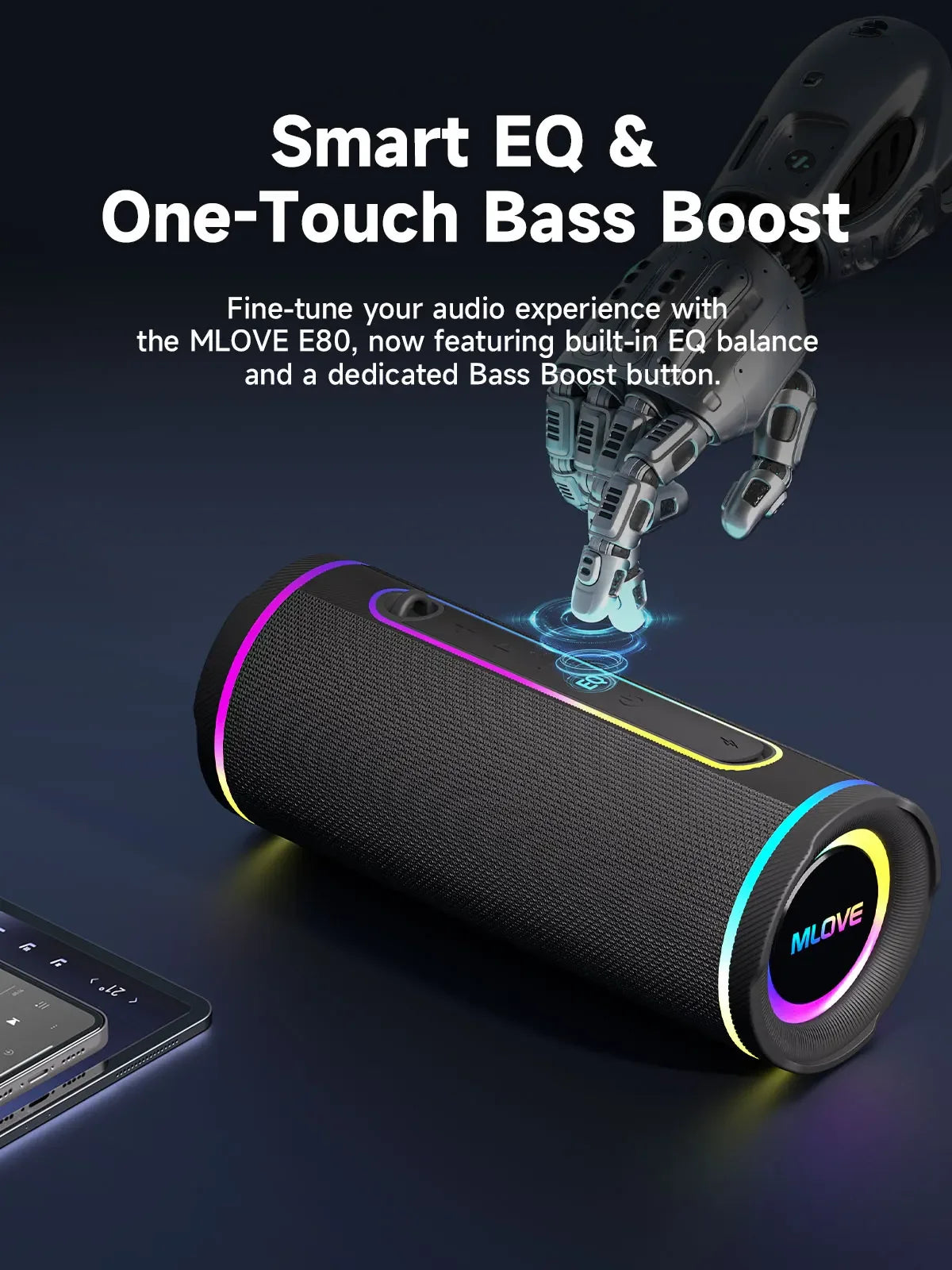 MLOVE E80 Bärbar Bluetooth-högtalare – Kraftfullt dubbelt ljud, färgglad RGB-belysning, helt vattentät (IPX7), TWS-kompatibel