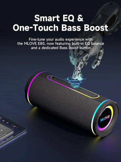 MLOVE E80 Bärbar Bluetooth-högtalare – Kraftfullt dubbelt ljud, färgglad RGB-belysning, helt vattentät (IPX7), TWS-kompatibel