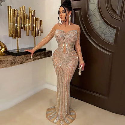 Lyxig glittrande kristall strass sjöjungfru aftonklänning för kvinnor festklänning nattklubb mesh transparent bodycon maxiklänning elegant