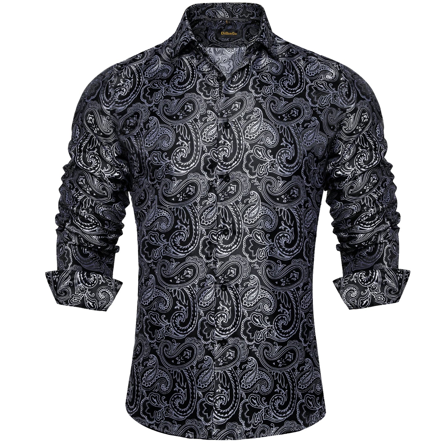 2026 Lyxig Herrskjorta Formell Bal Smoking Långärmad Siden Polyester Gyllene Färg Paisley Svarta Skjortor Blus Herrkläder