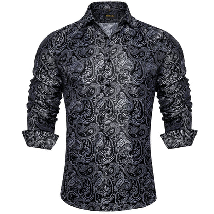2026 Lyxig Herrskjorta Formell Bal Smoking Långärmad Siden Polyester Gyllene Färg Paisley Svarta Skjortor Blus Herrkläder