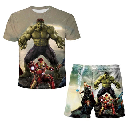 Kids Unisex Marvel Tshirt Set Summer Game Print Superhero Clothes Hulk Iron Man Short Sleeve Pants 2 Piece