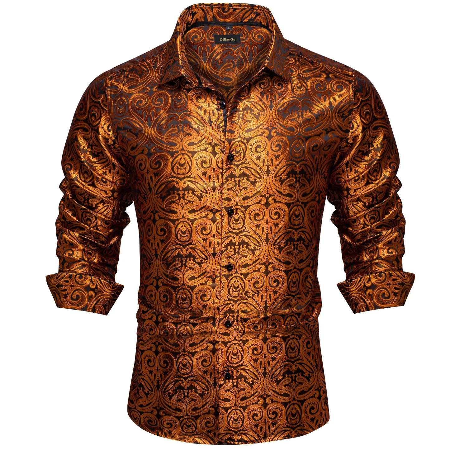 2026 Lyxig Herrskjorta Formell Bal Smoking Långärmad Siden Polyester Gyllene Färg Paisley Svarta Skjortor Blus Herrkläder