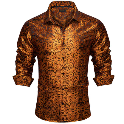 2026 Lyxig Herrskjorta Formell Bal Smoking Långärmad Siden Polyester Gyllene Färg Paisley Svarta Skjortor Blus Herrkläder