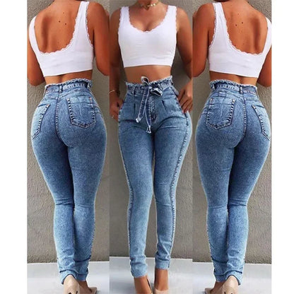 Damkläder Jeans Slim Stretchiga Tofsbälte Jeans med Hög Midja Denimbyxor Skinny Ankellånga Blekta